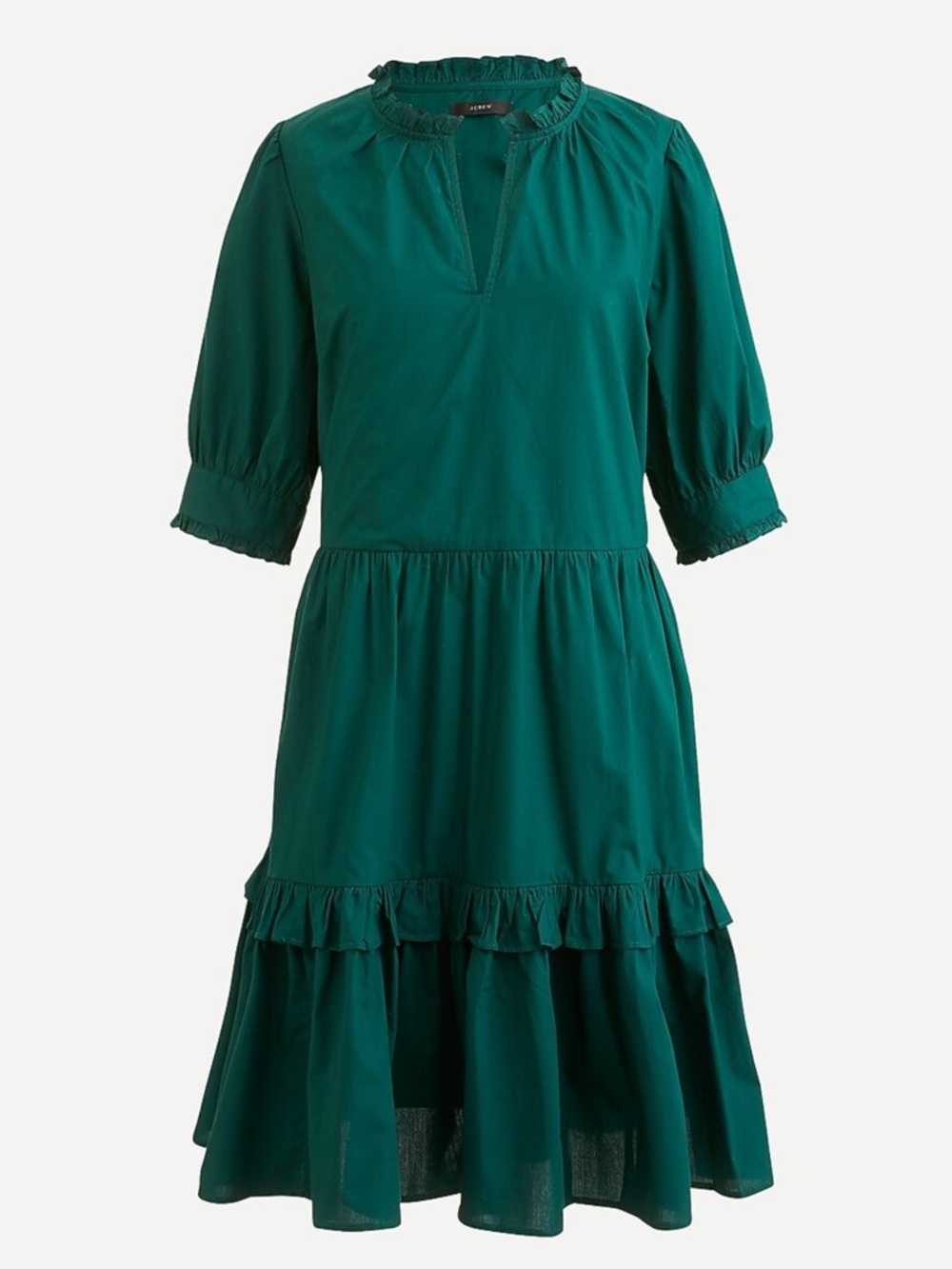 J. Crew Ruffleneck Tiered Popover Dress in Emerald Green Size XXS